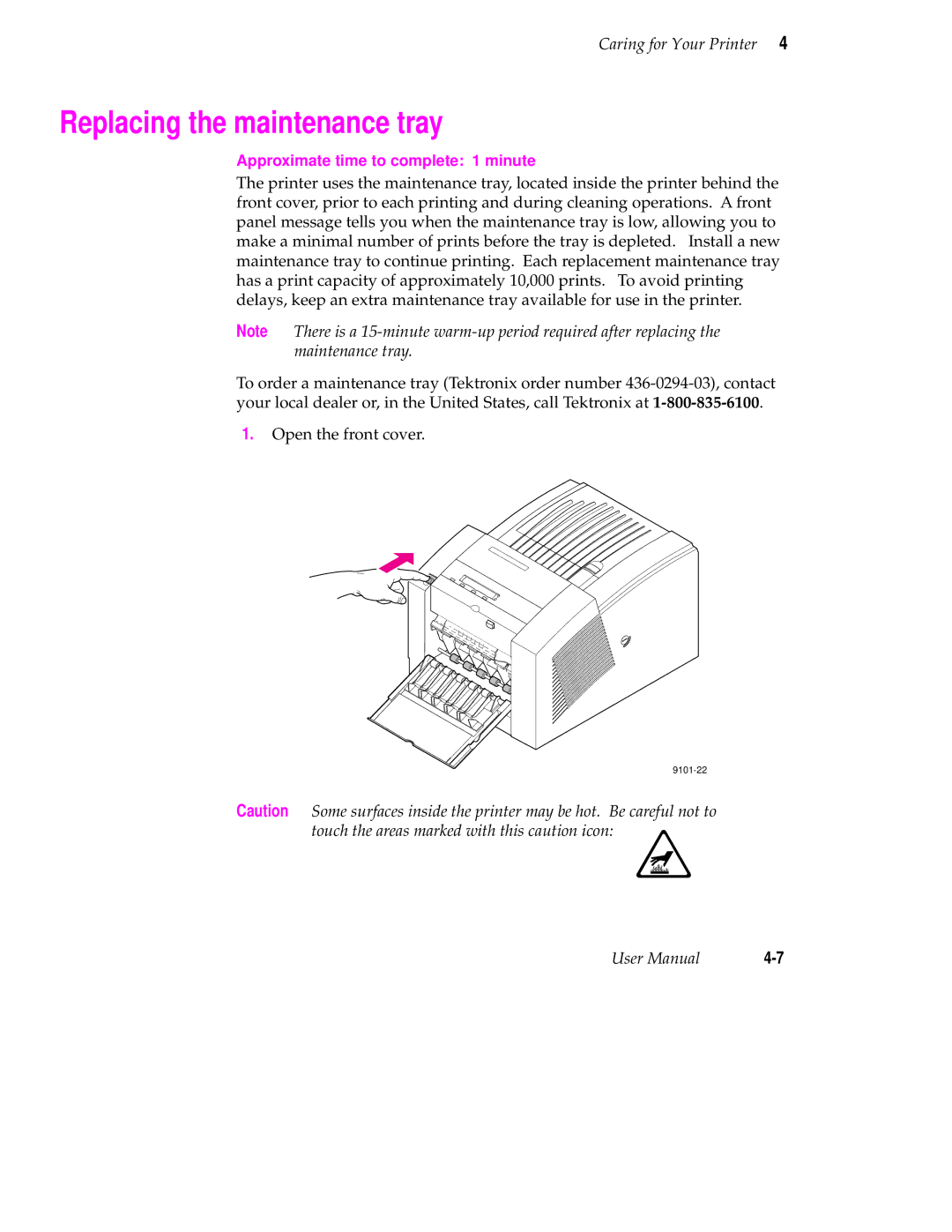 Tektronix 340 manual Replacing the maintenance tray 