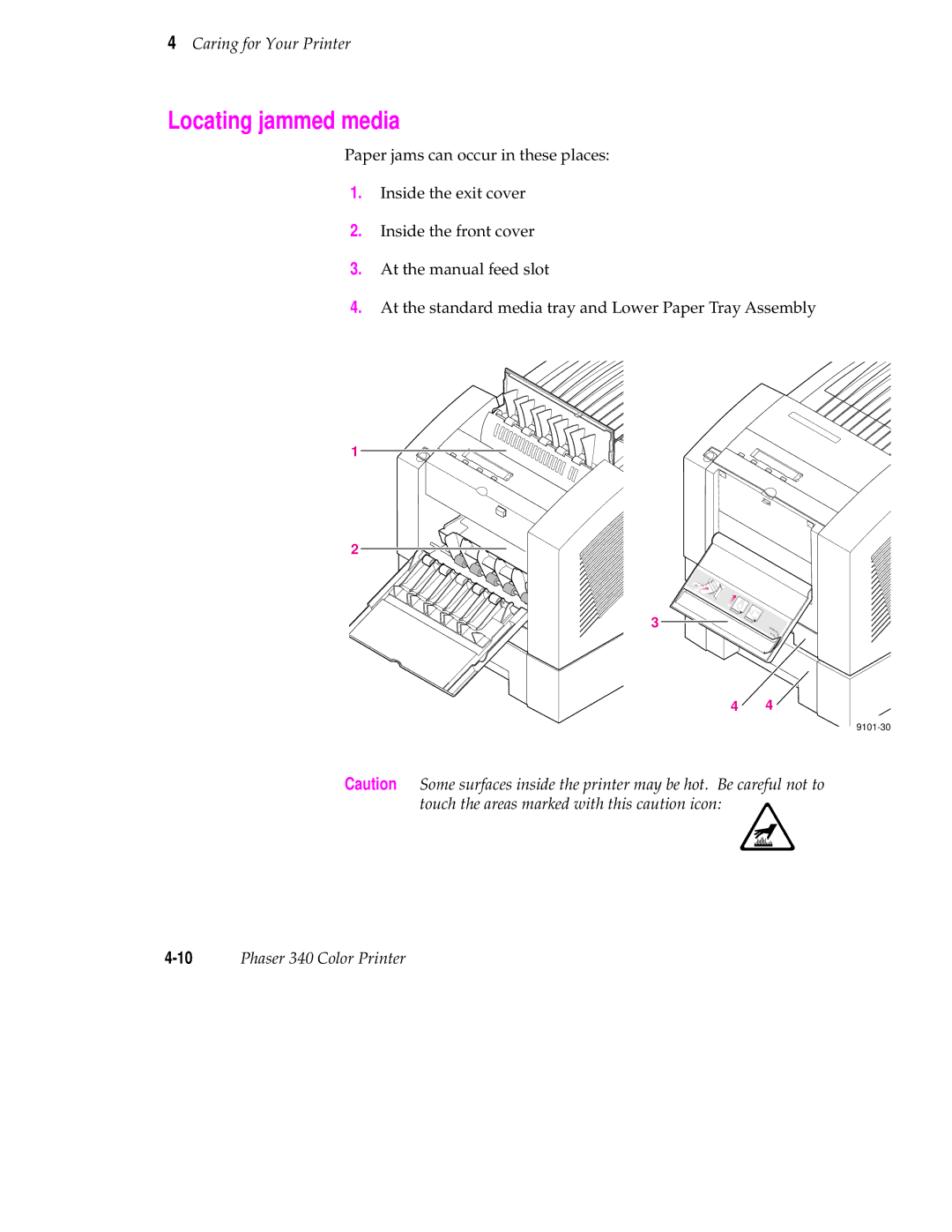Tektronix manual Locating jammed media, 10Phaser 340 Color Printer 