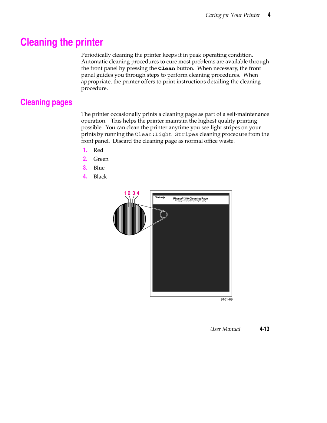 Tektronix 340 manual Cleaning the printer, Cleaning pages 