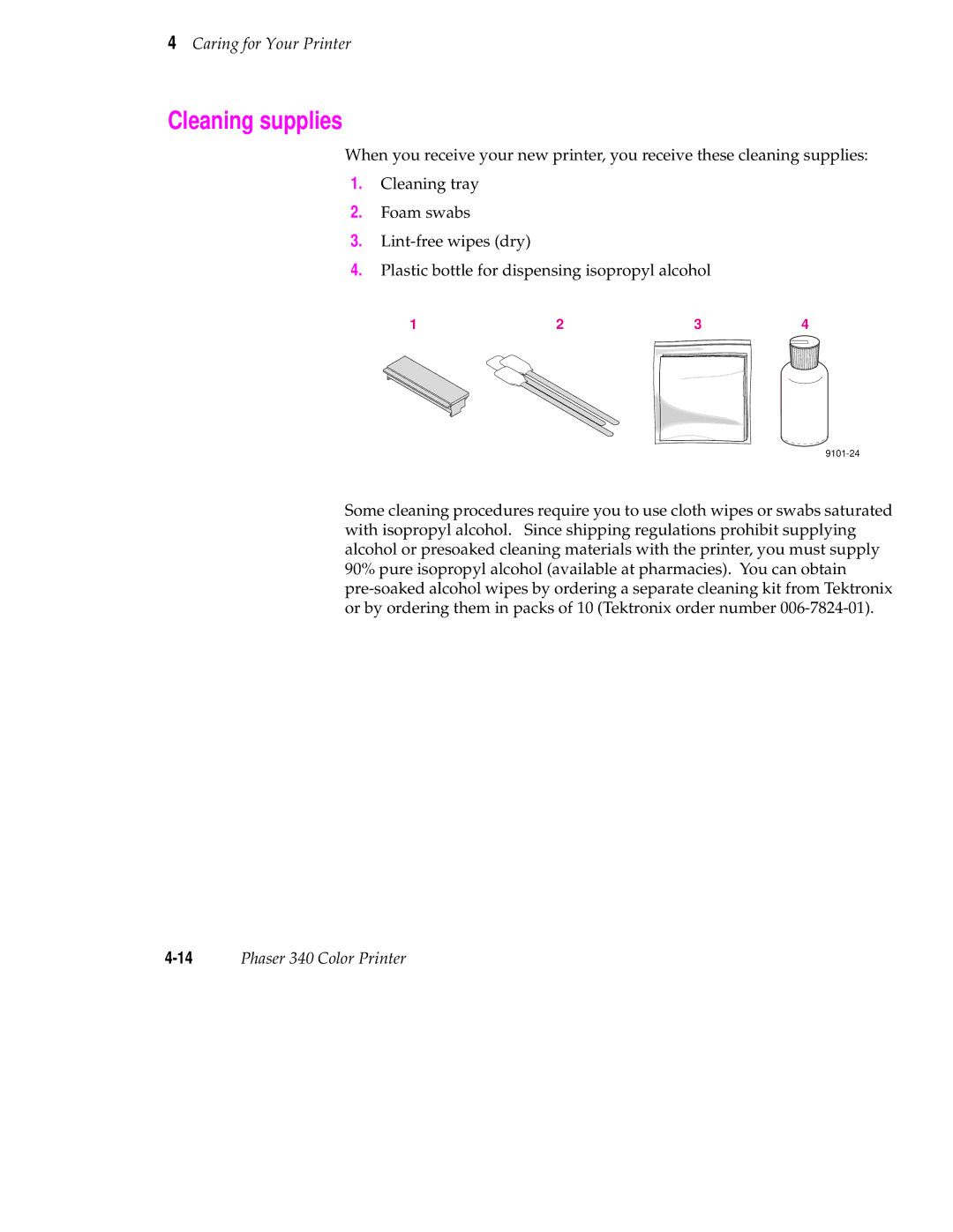 Tektronix manual Cleaning supplies, 14Phaser 340 Color Printer 