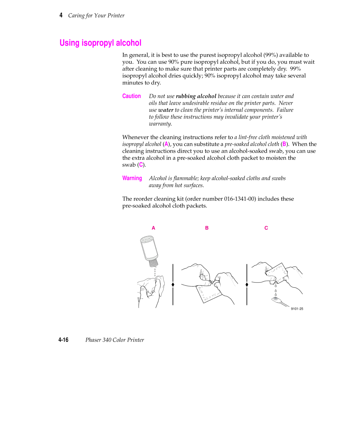 Tektronix manual Using isopropyl alcohol, 16Phaser 340 Color Printer 