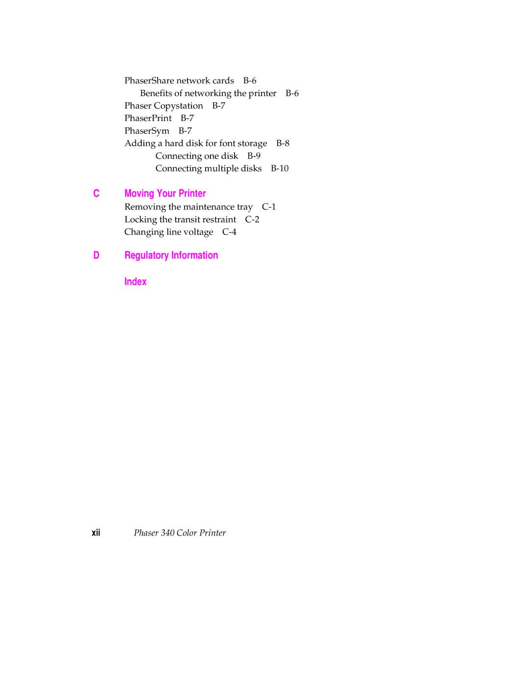 Tektronix manual Moving Your Printer, Regulatory Information Index, Xii Phaser 340 Color Printer 