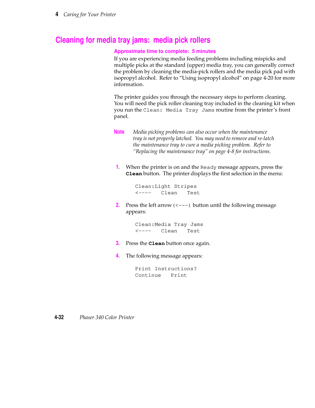 Tektronix manual Cleaning for media tray jams media pick rollers, 32Phaser 340 Color Printer 