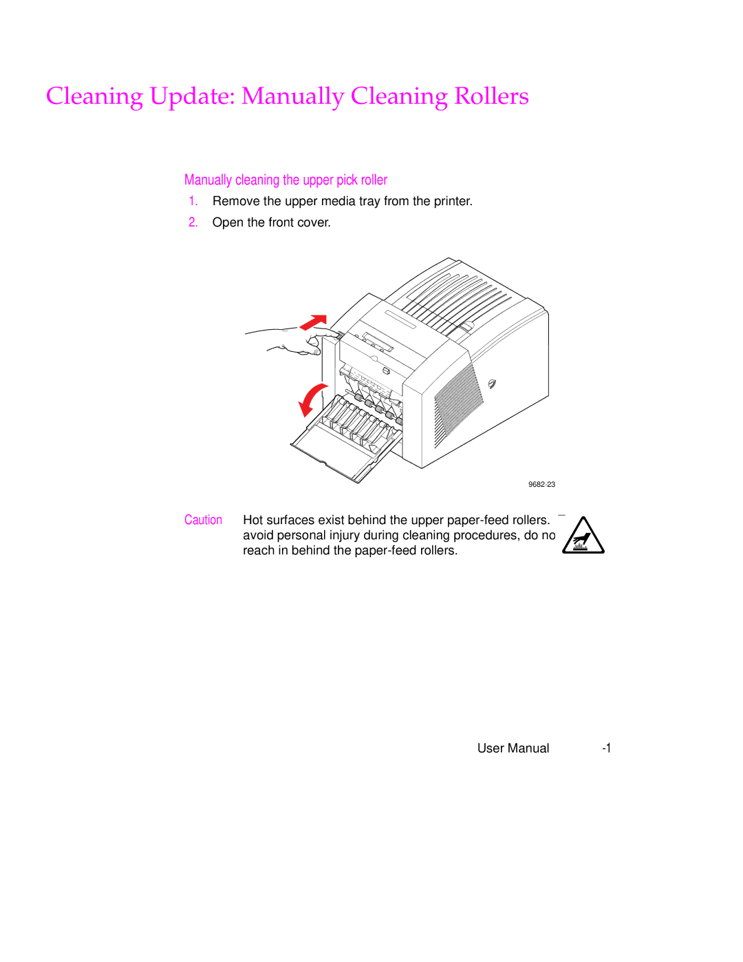 Tektronix 340 manual Cleaning Update Manually Cleaning Rollers, Manually cleaning the upper pick roller 