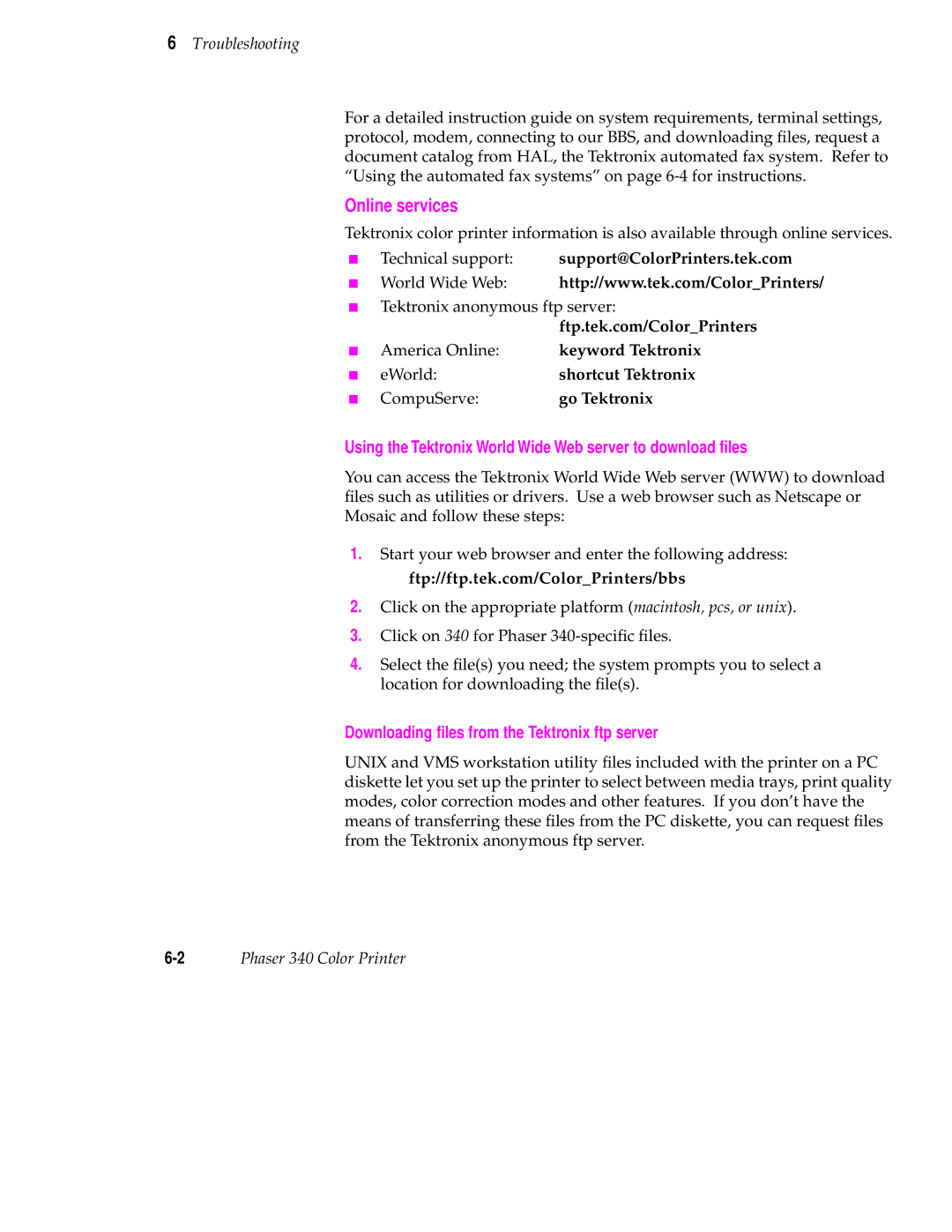 Tektronix 340 manual Online services, Troubleshooting 