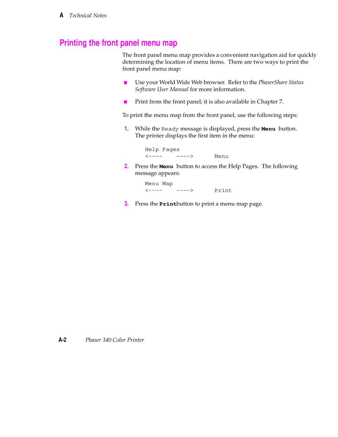 Tektronix manual Printing the front panel menu map, Technical Notes, 2Phaser 340 Color Printer 