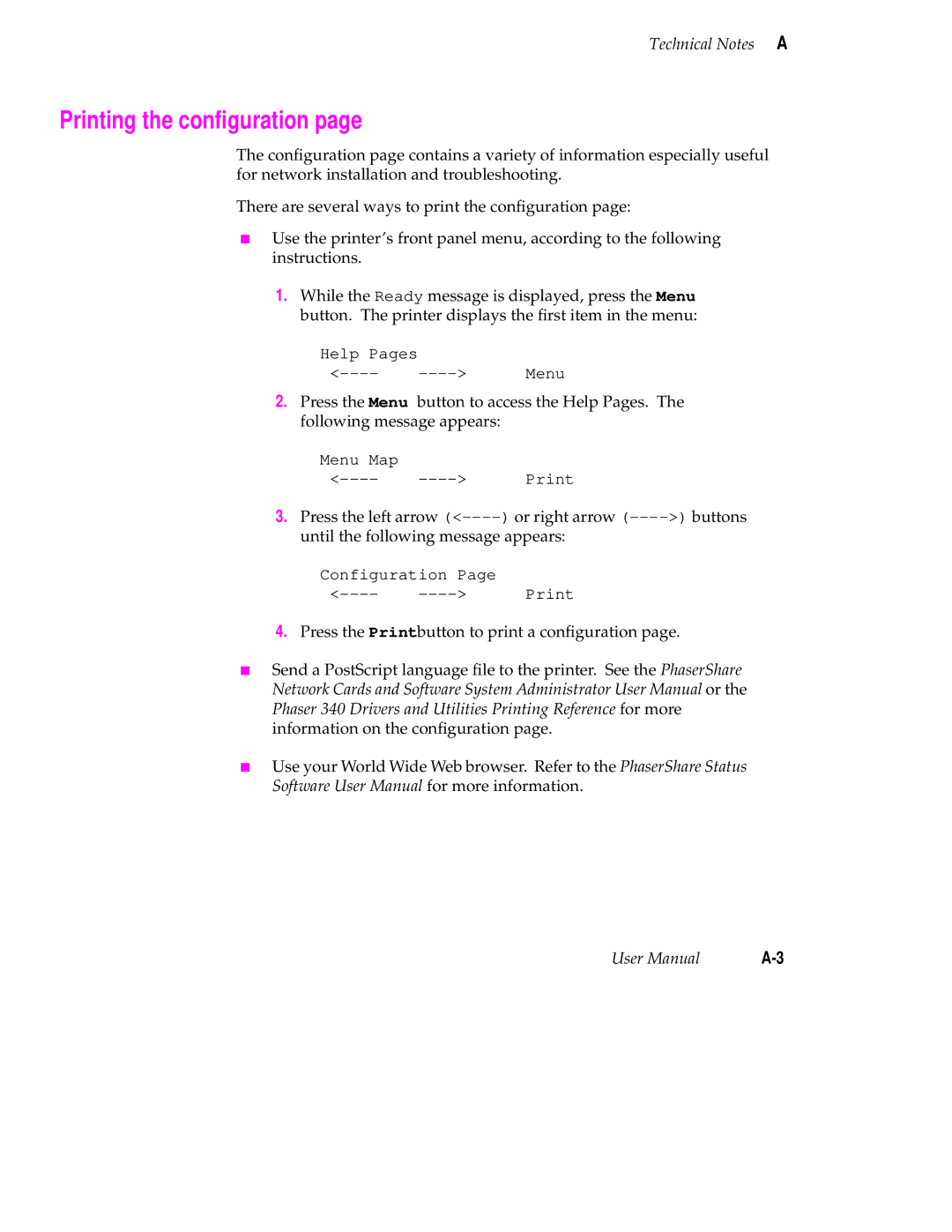 Tektronix 340 manual Printing the conﬁguration, Technical Notes a 