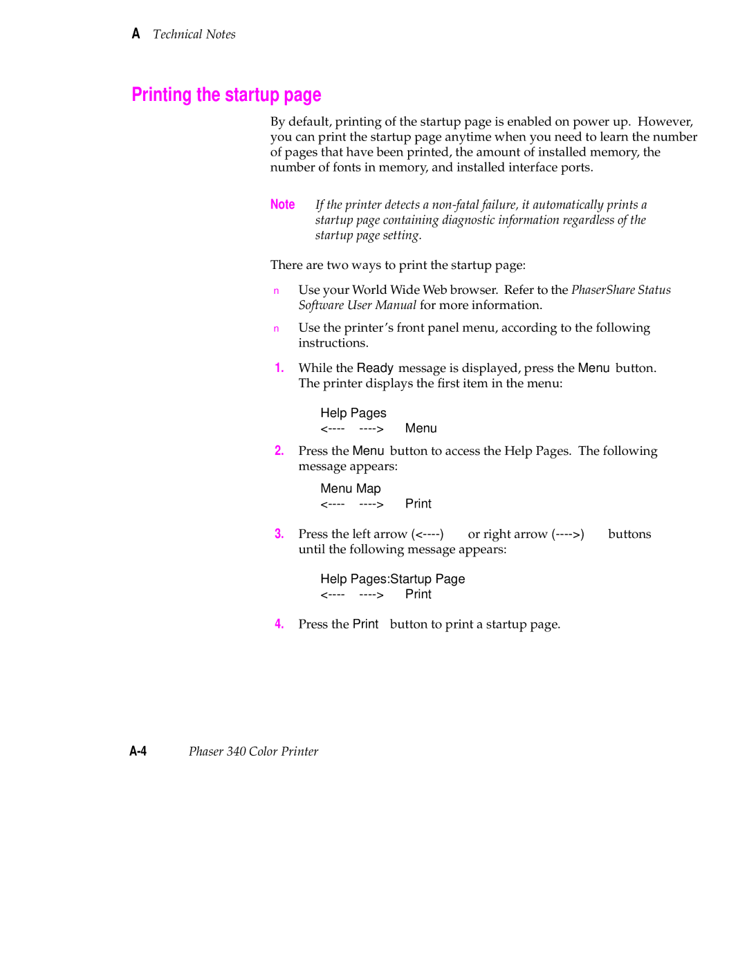 Tektronix manual Printing the startup, 4Phaser 340 Color Printer 