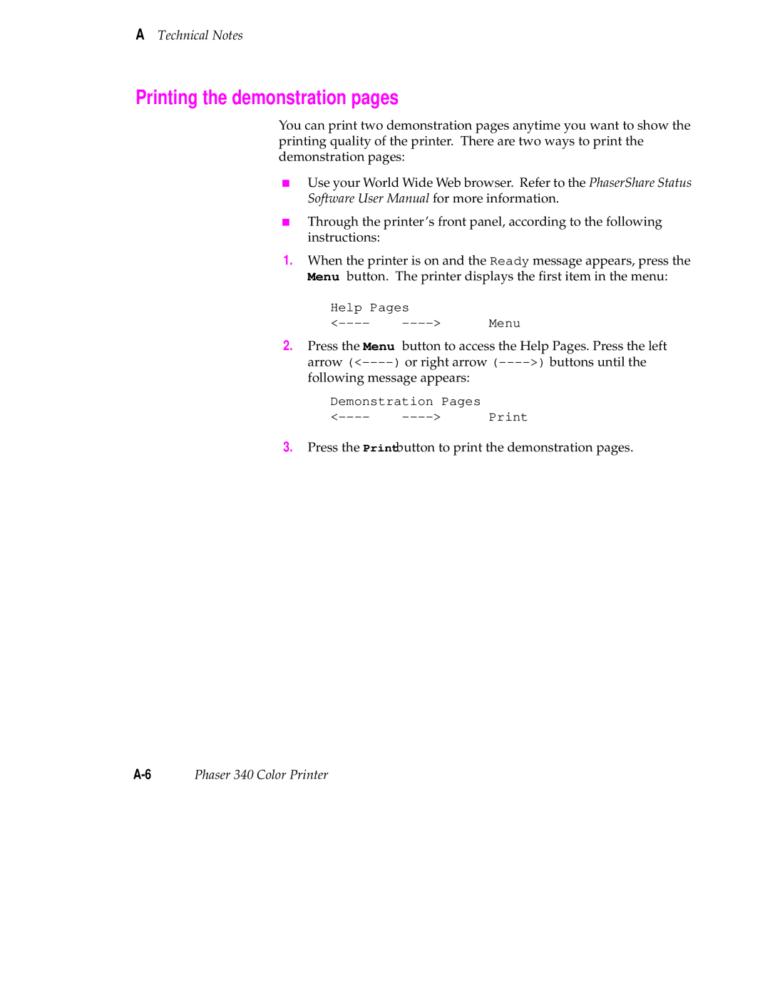 Tektronix manual Printing the demonstration pages, 6Phaser 340 Color Printer 