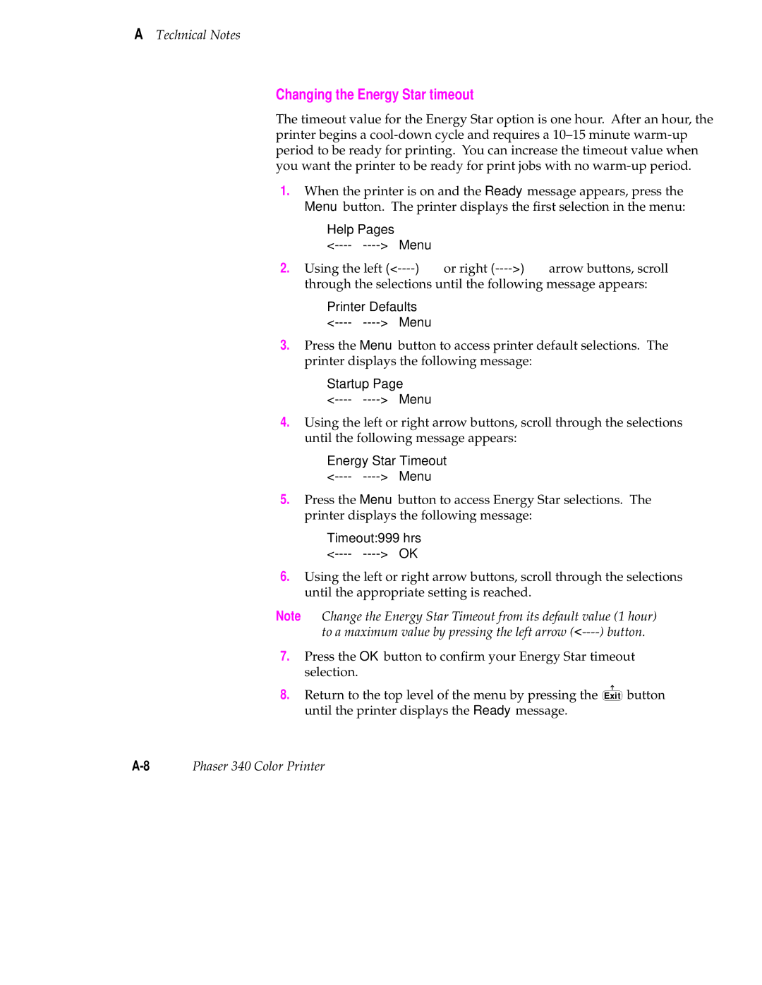 Tektronix manual Changing the Energy Star timeout, 8Phaser 340 Color Printer 