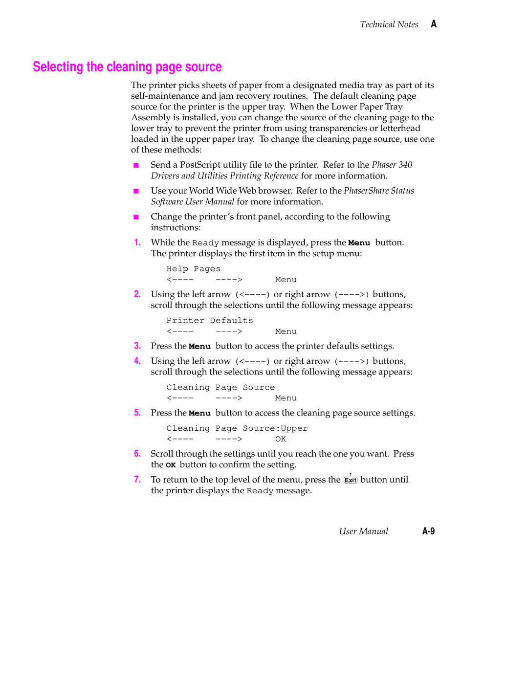 Tektronix 340 manual Selecting the cleaning page source 