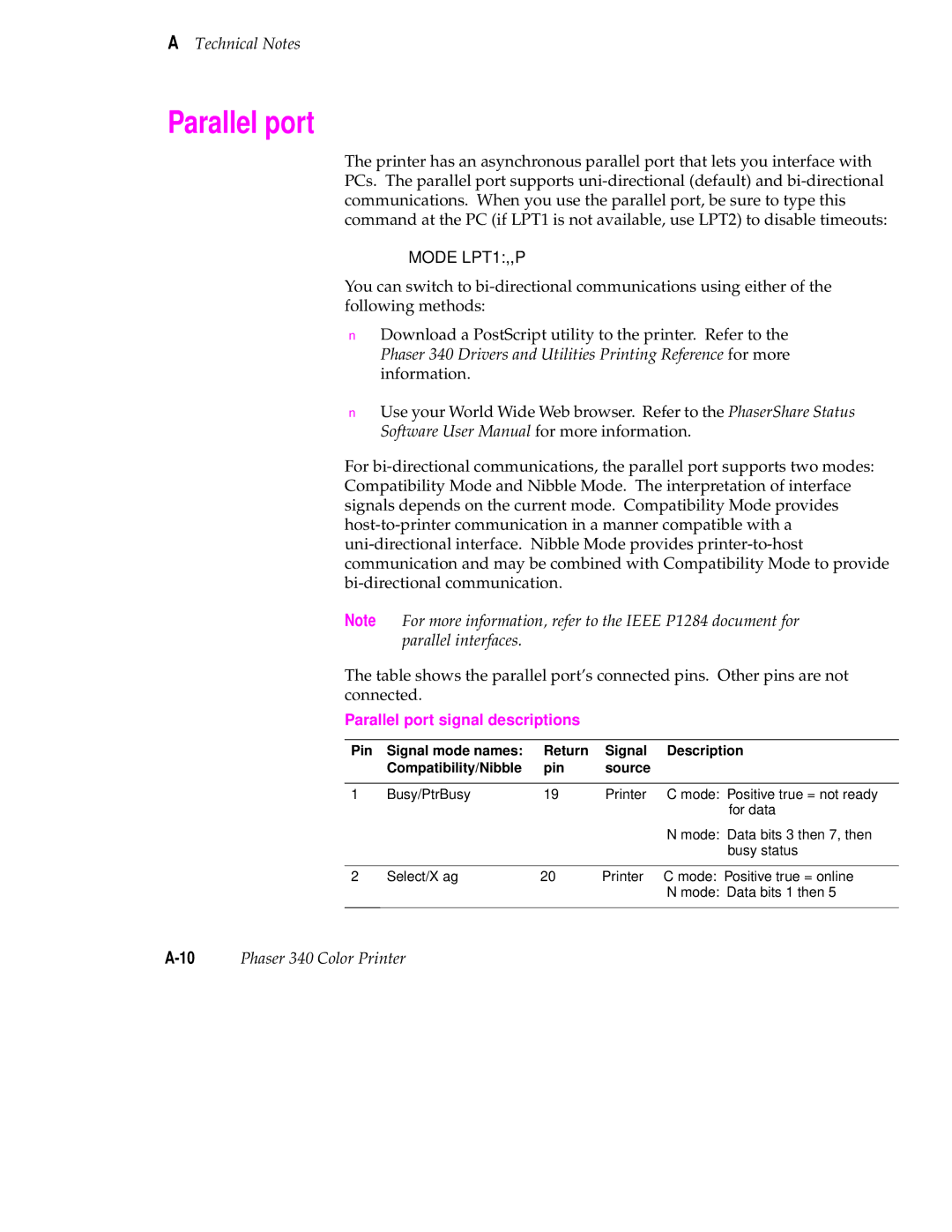 Tektronix 340 manual Parallel port signal descriptions 