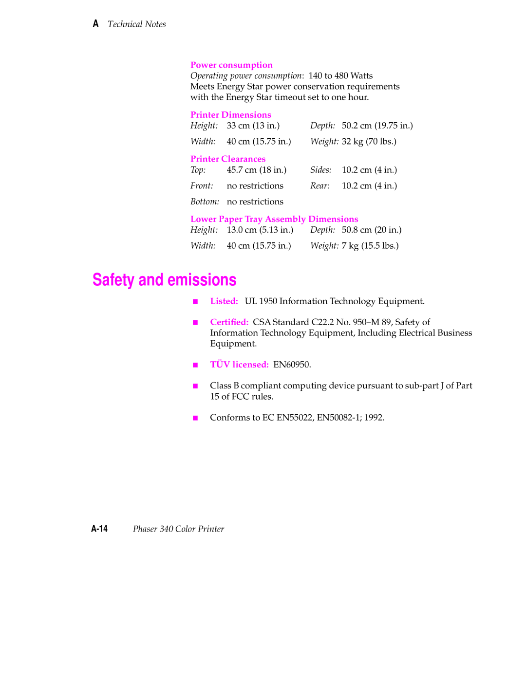 Tektronix 340 manual Safety and emissions, Height 33 cm 13 Depth, Width 40 cm 15.75 Weight 32 kg 70 lbs 