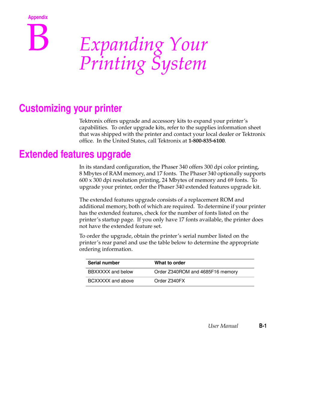 Tektronix 340 manual Customizing your printer, Extended features upgrade, Serial number What to order 