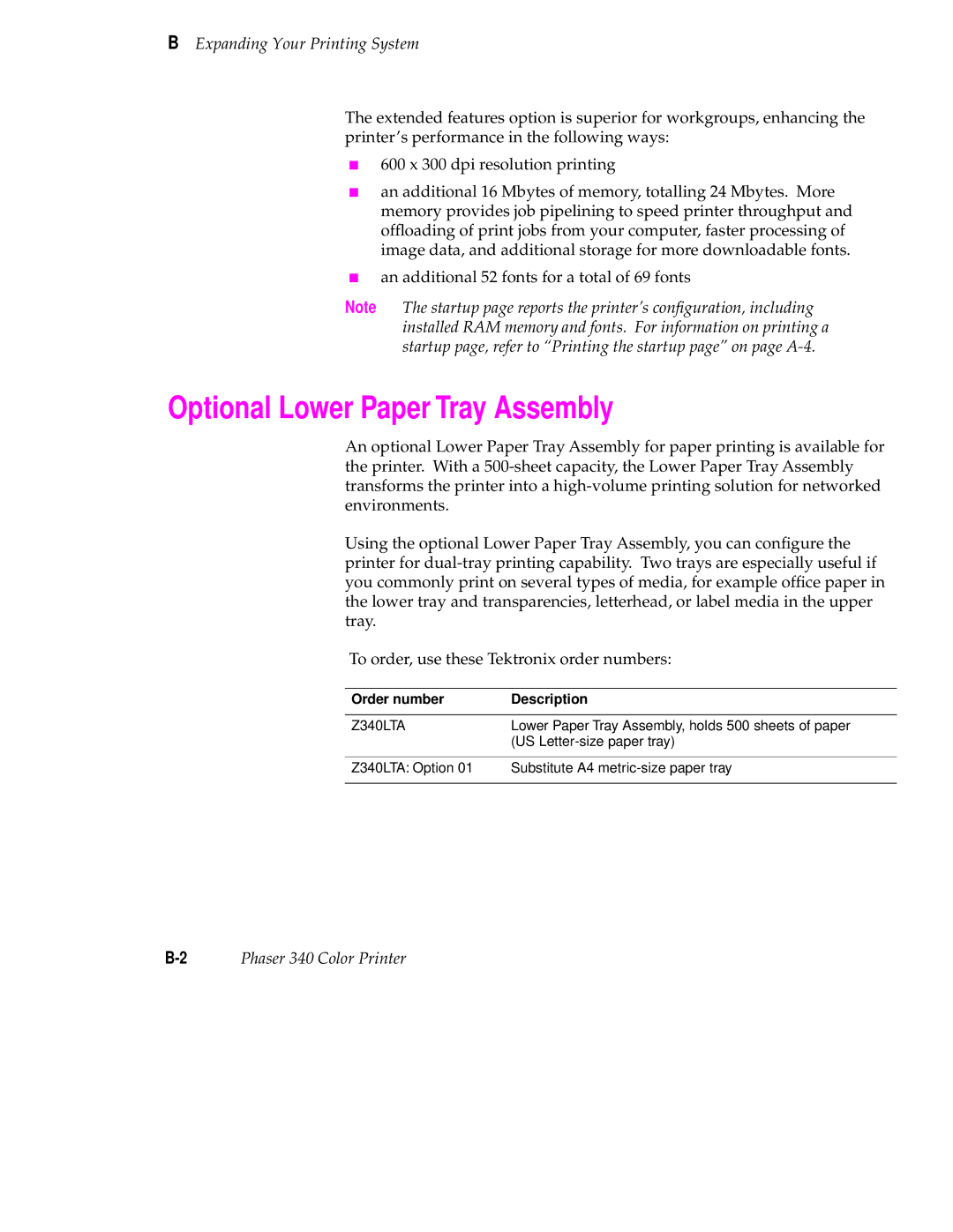 Tektronix 340 manual Optional Lower Paper Tray Assembly, Expanding Your Printing System 