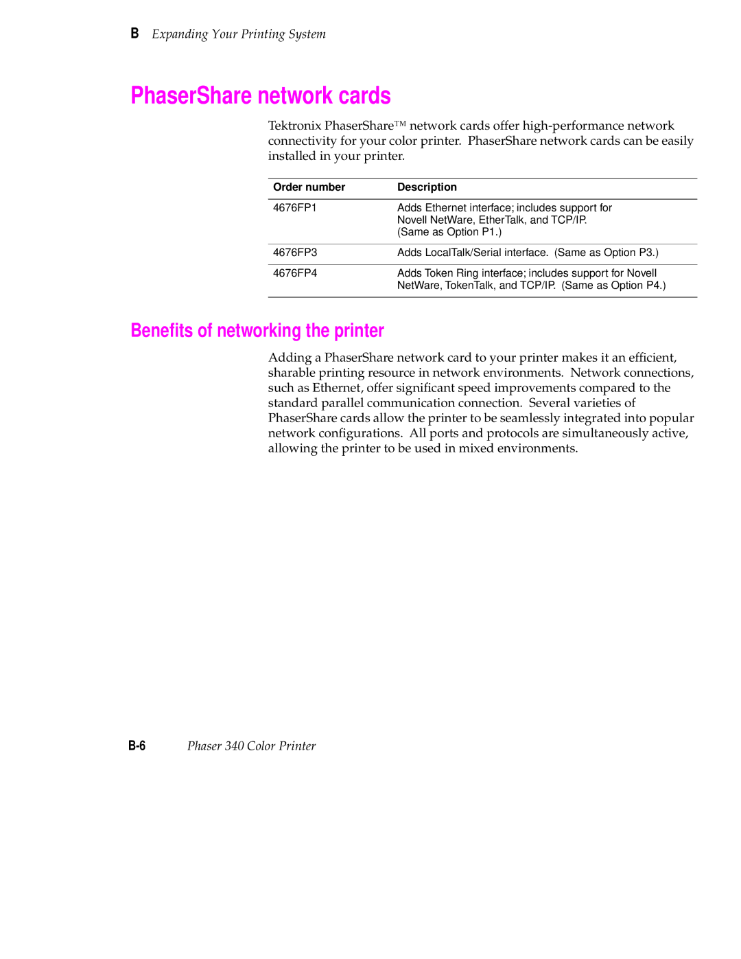 Tektronix 340 manual PhaserShare network cards, Beneﬁts of networking the printer 