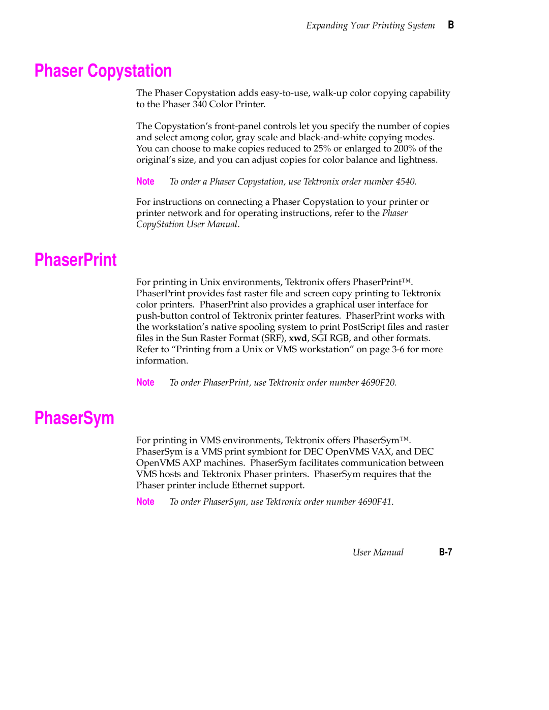 Tektronix 340 manual Phaser Copystation, PhaserPrint, PhaserSym 