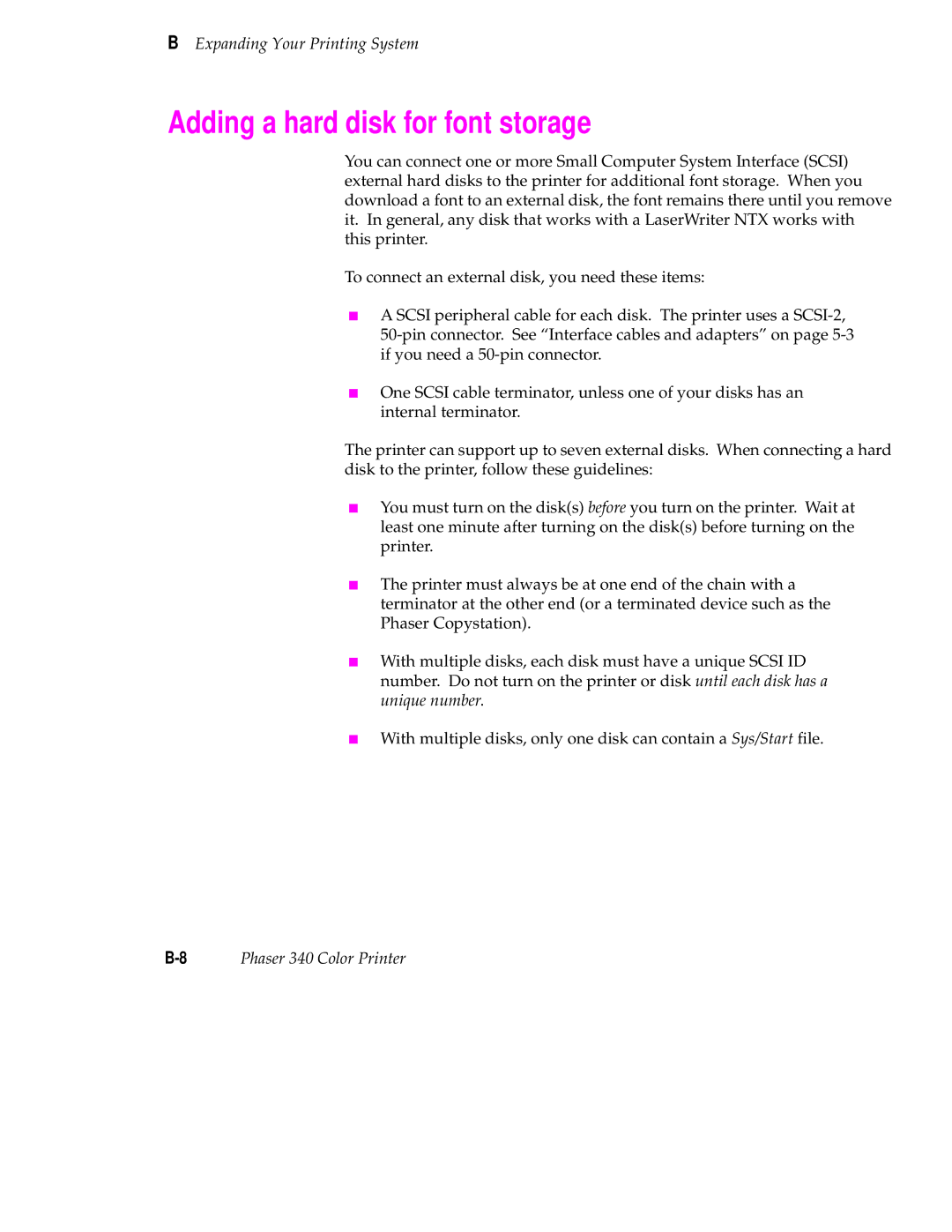 Tektronix manual Adding a hard disk for font storage, 8Phaser 340 Color Printer 