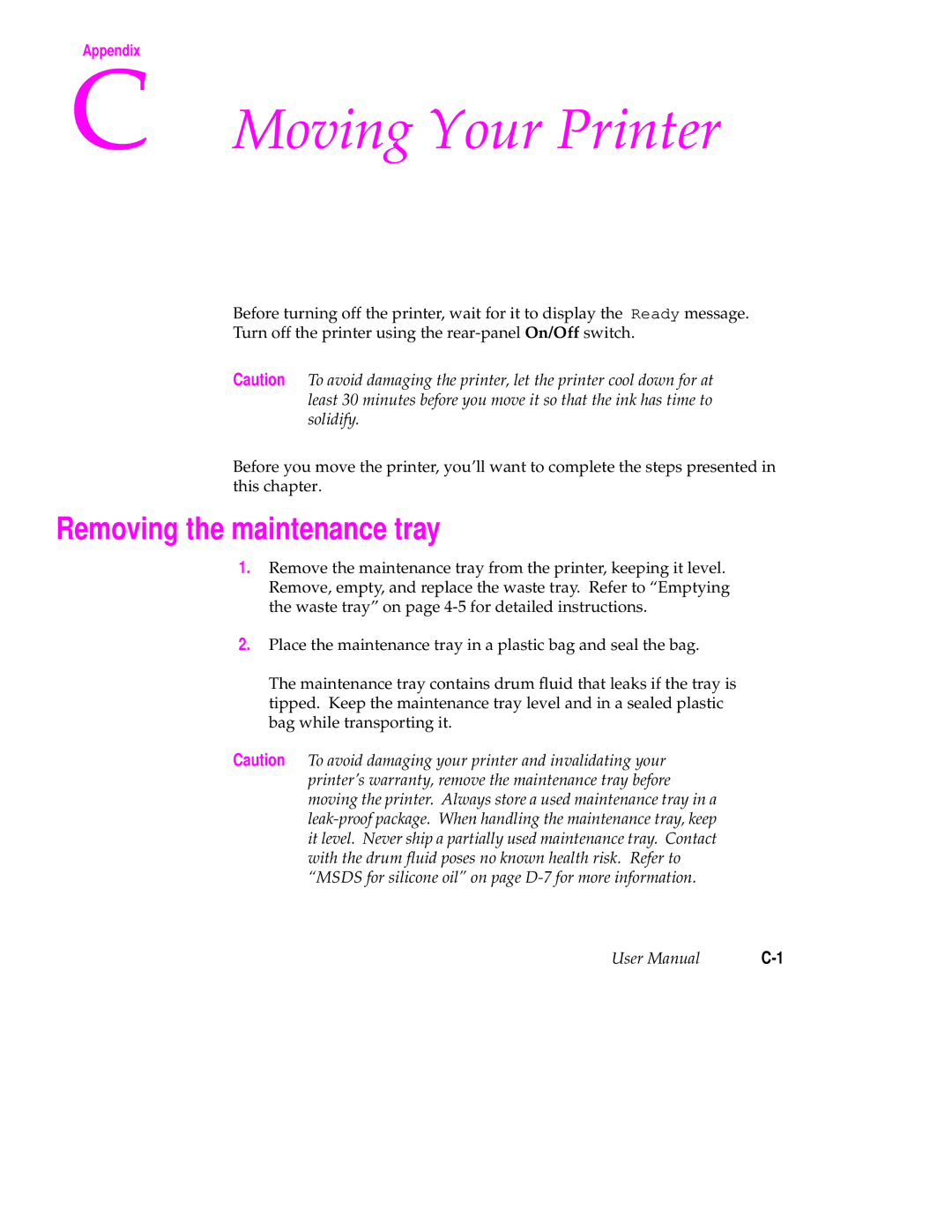 Tektronix 340 manual Moving Your Printer, Removing the maintenance tray 