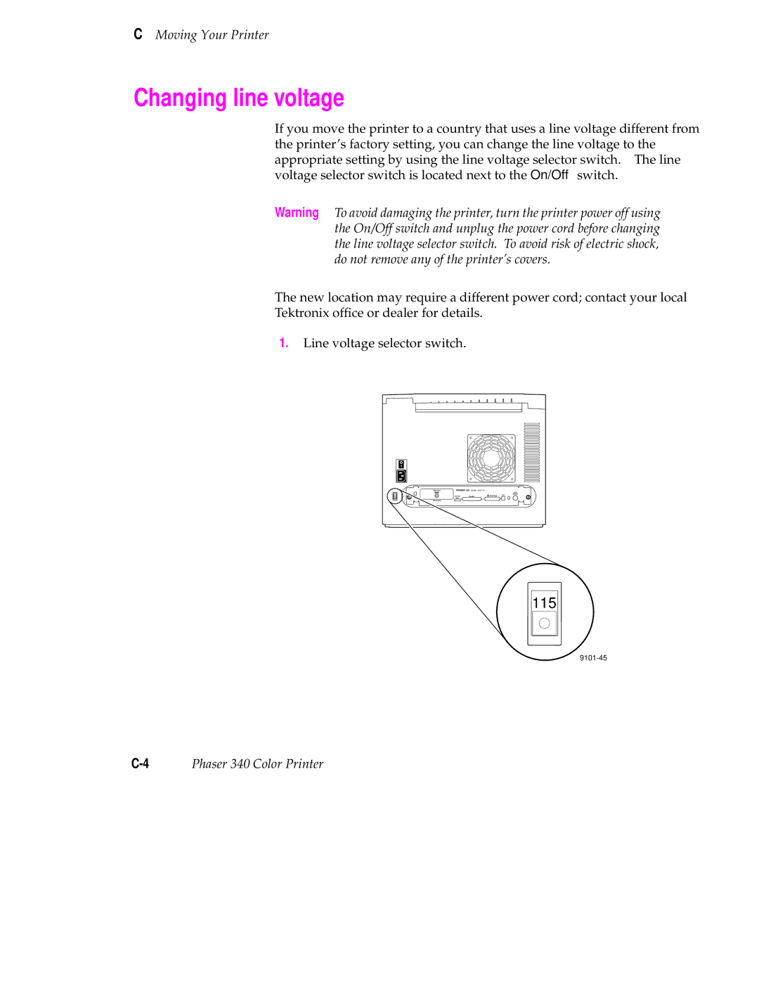 Tektronix manual Changing line voltage, 4Phaser 340 Color Printer 