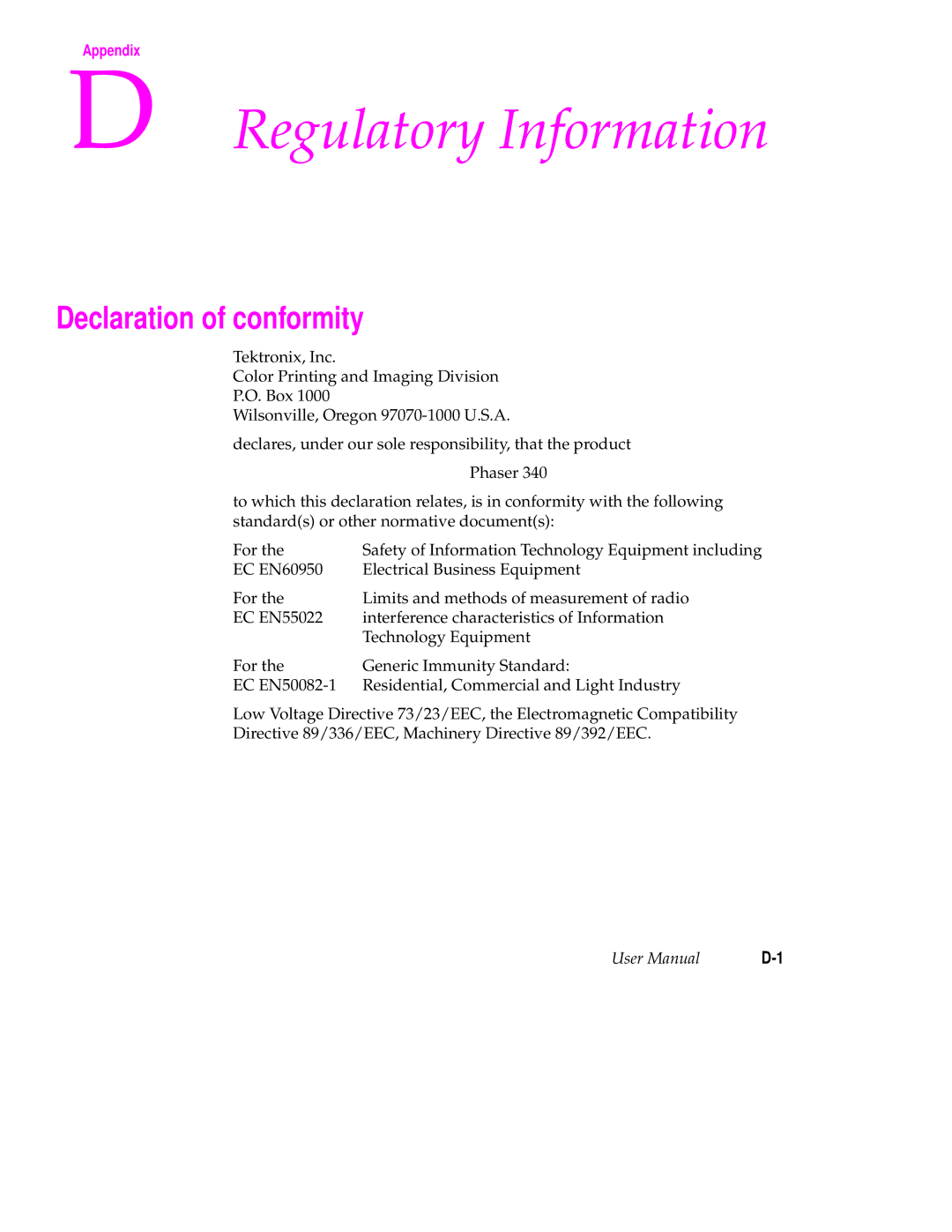 Tektronix 340 manual Regulatory Information, Declaration of conformity 