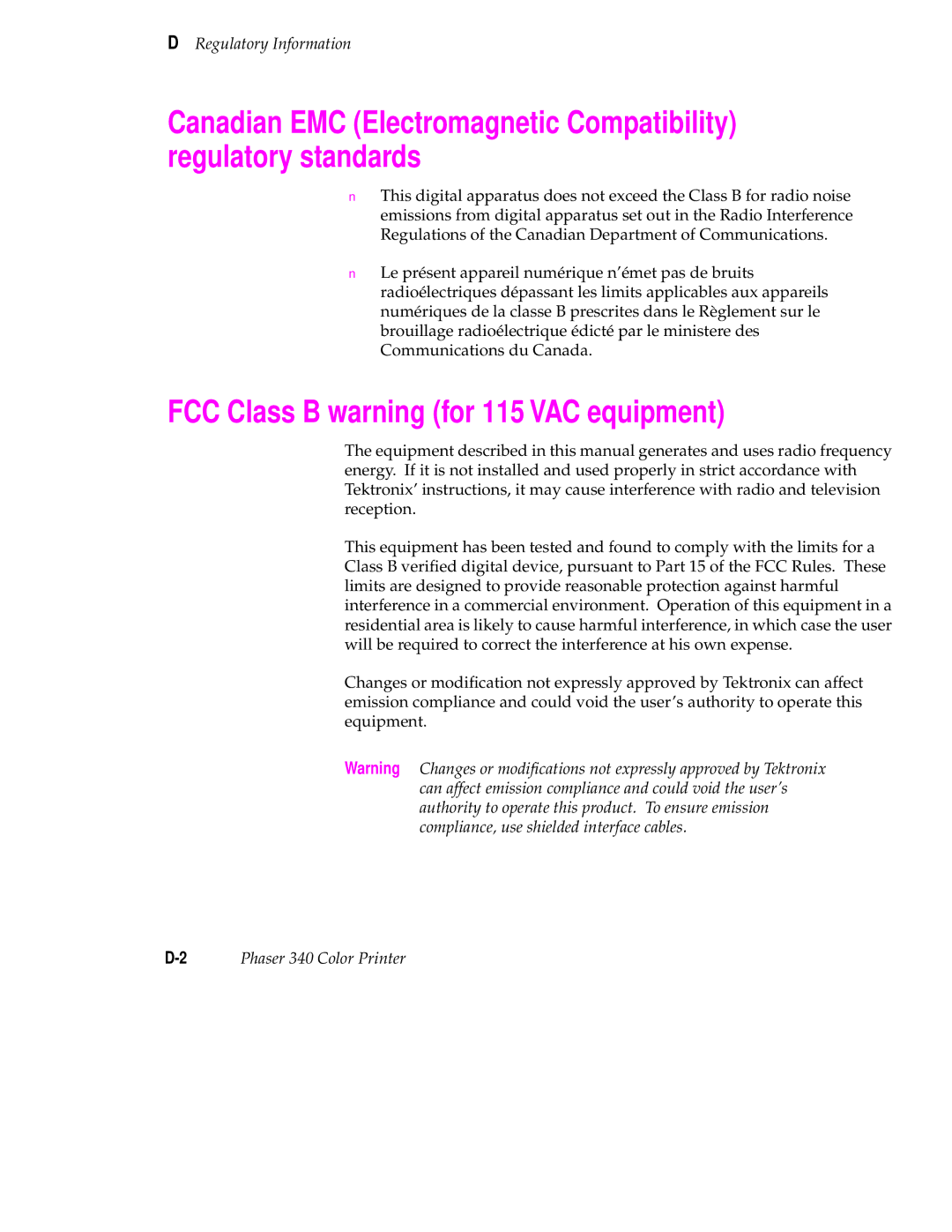 Tektronix 340 manual FCC Class B warning for 115 VAC equipment, Regulatory Information 