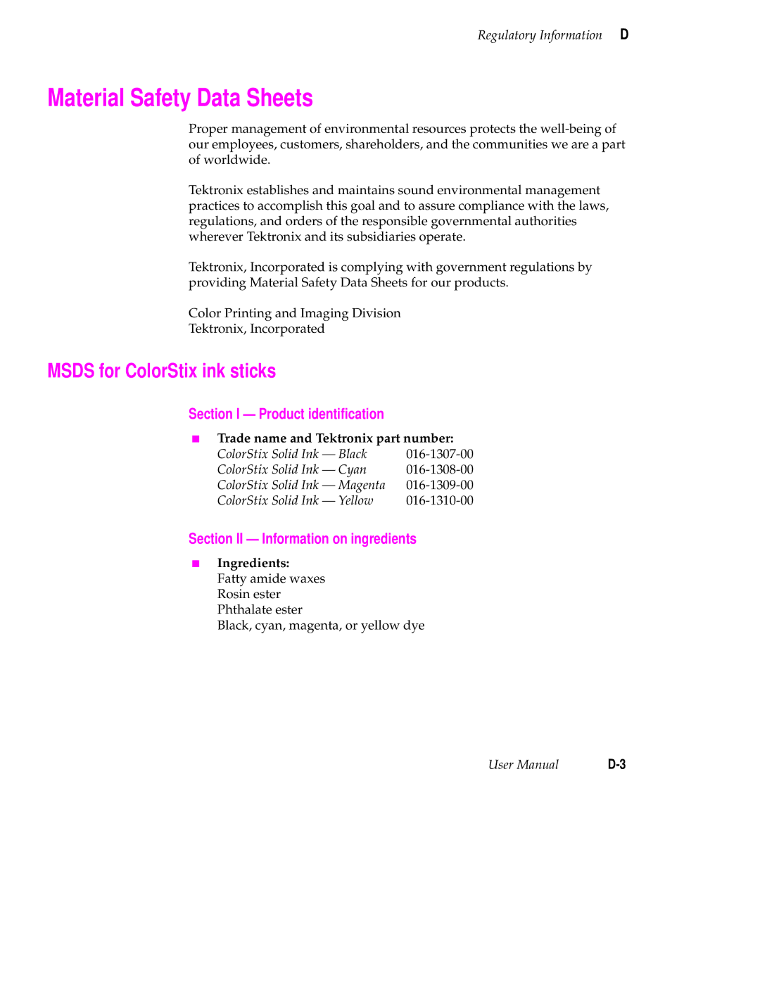 Tektronix 340 manual Material Safety Data Sheets, Msds for ColorStix ink sticks, Section I Product identiﬁcation 