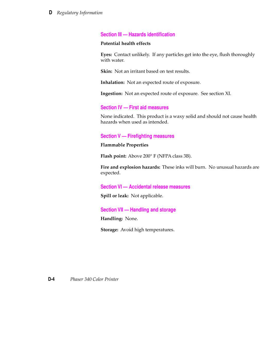 Tektronix 340 manual Section III Hazards identiﬁcation, Section IV First aid measures, Section V Fireﬁghting measures 