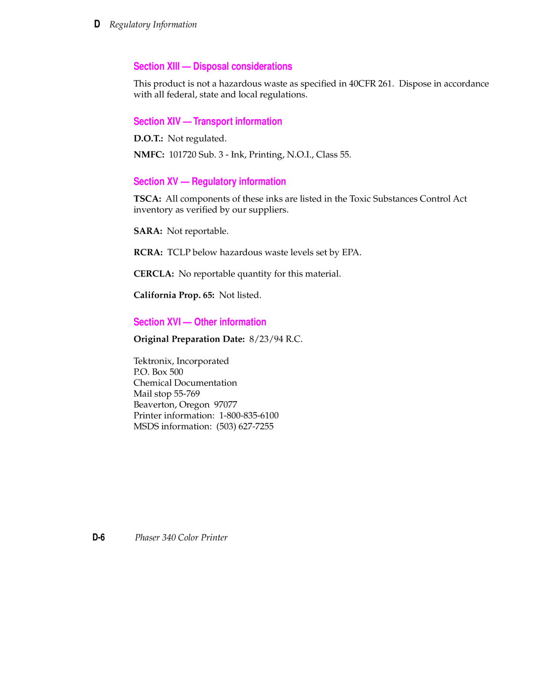 Tektronix 340 Section Xiii Disposal considerations, Section XIV Transport information, Section XV Regulatory information 