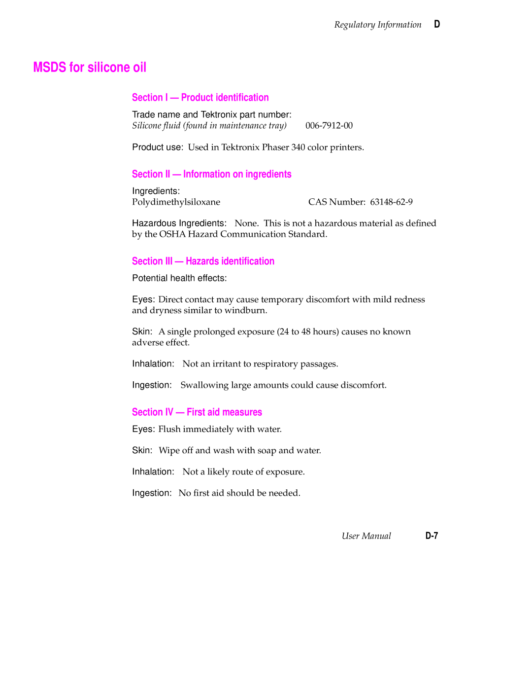 Tektronix 340 manual Msds for silicone oil, Silicone ﬂuid found in maintenance tray 