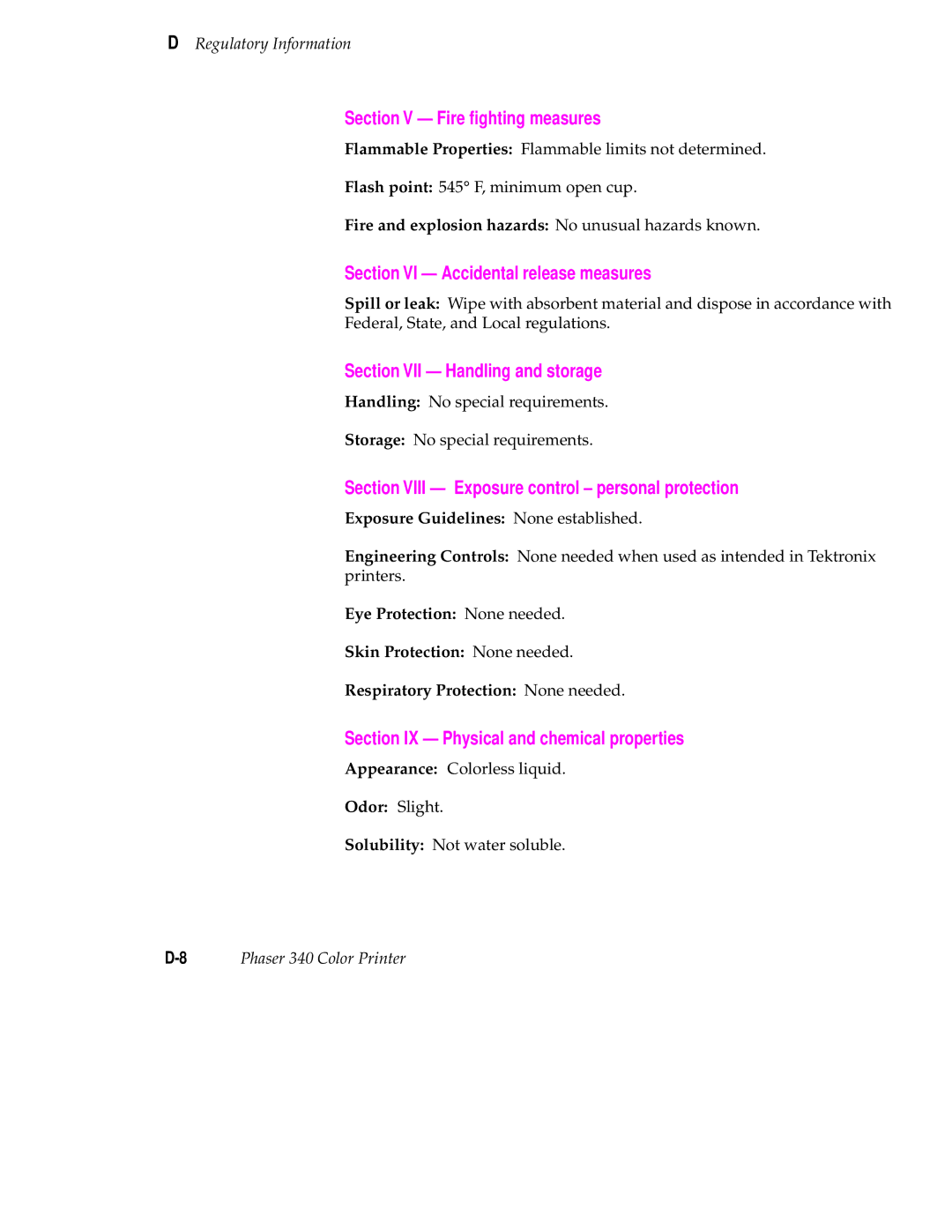 Tektronix 340 manual Section V Fire ﬁghting measures, Section Viii Exposure control personal protection 