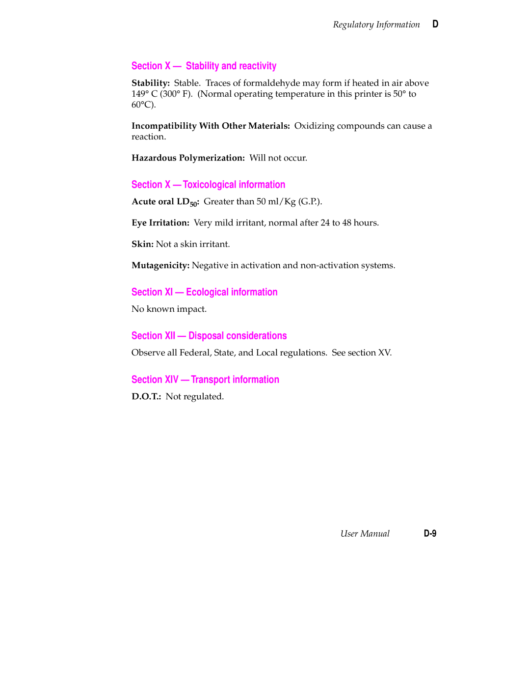 Tektronix 340 Section X Toxicological information, Section XI Ecological information, Section XII Disposal considerations 