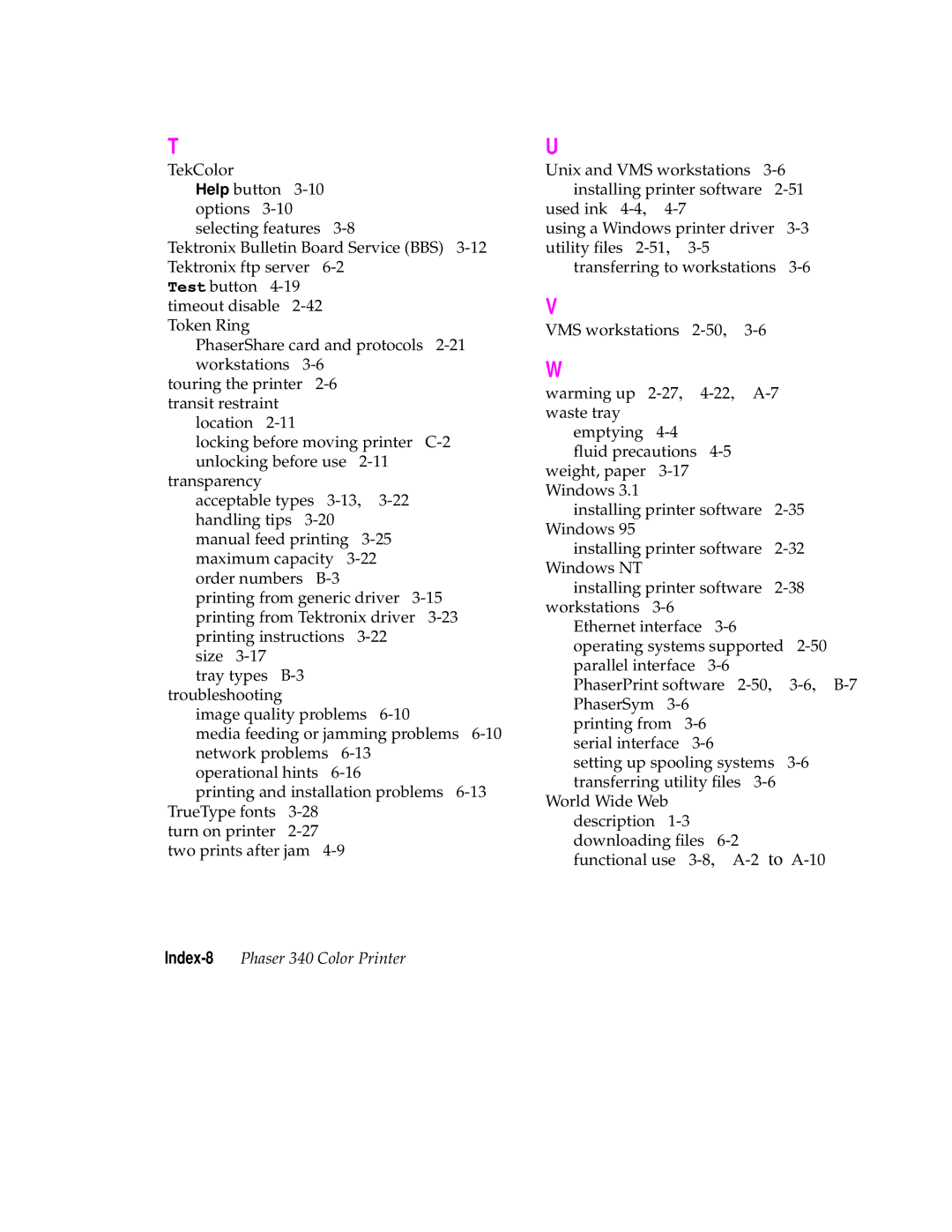 Tektronix manual Index-8Phaser 340 Color Printer 