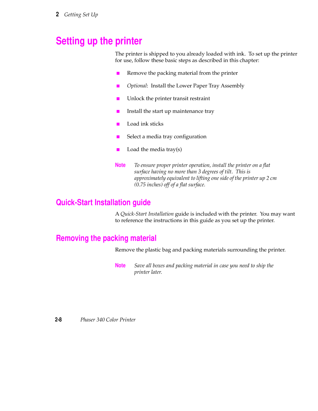 Tektronix 340 manual Setting up the printer, Quick-Start Installation guide, Removing the packing material 