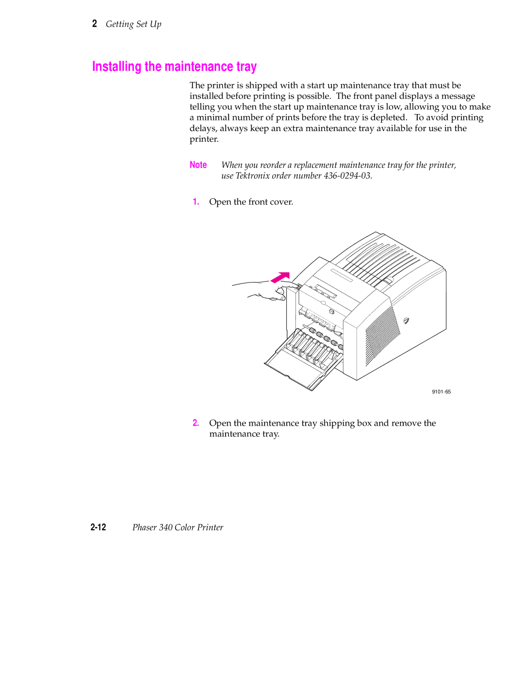 Tektronix manual Installing the maintenance tray, 12Phaser 340 Color Printer 