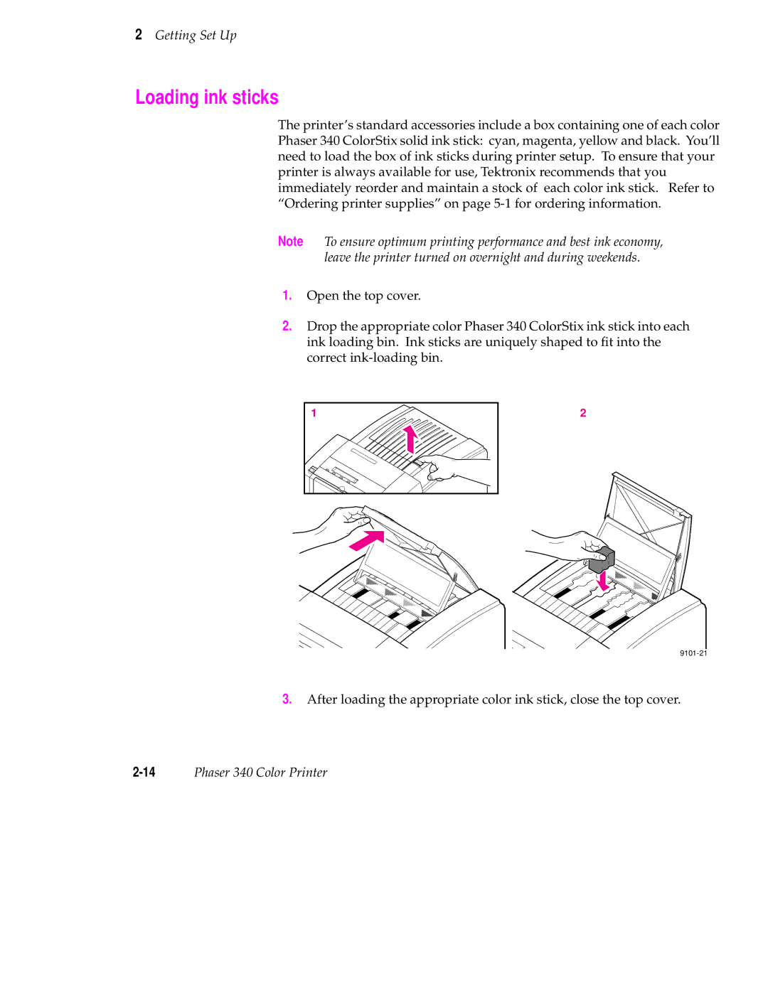 Tektronix manual Loading ink sticks, 14Phaser 340 Color Printer 
