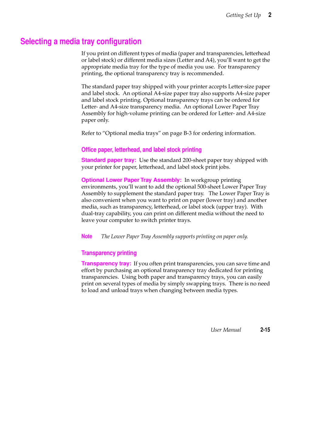 Tektronix 340 manual Selecting a media tray conﬁguration, Ofﬁce paper, letterhead, and label stock printing 