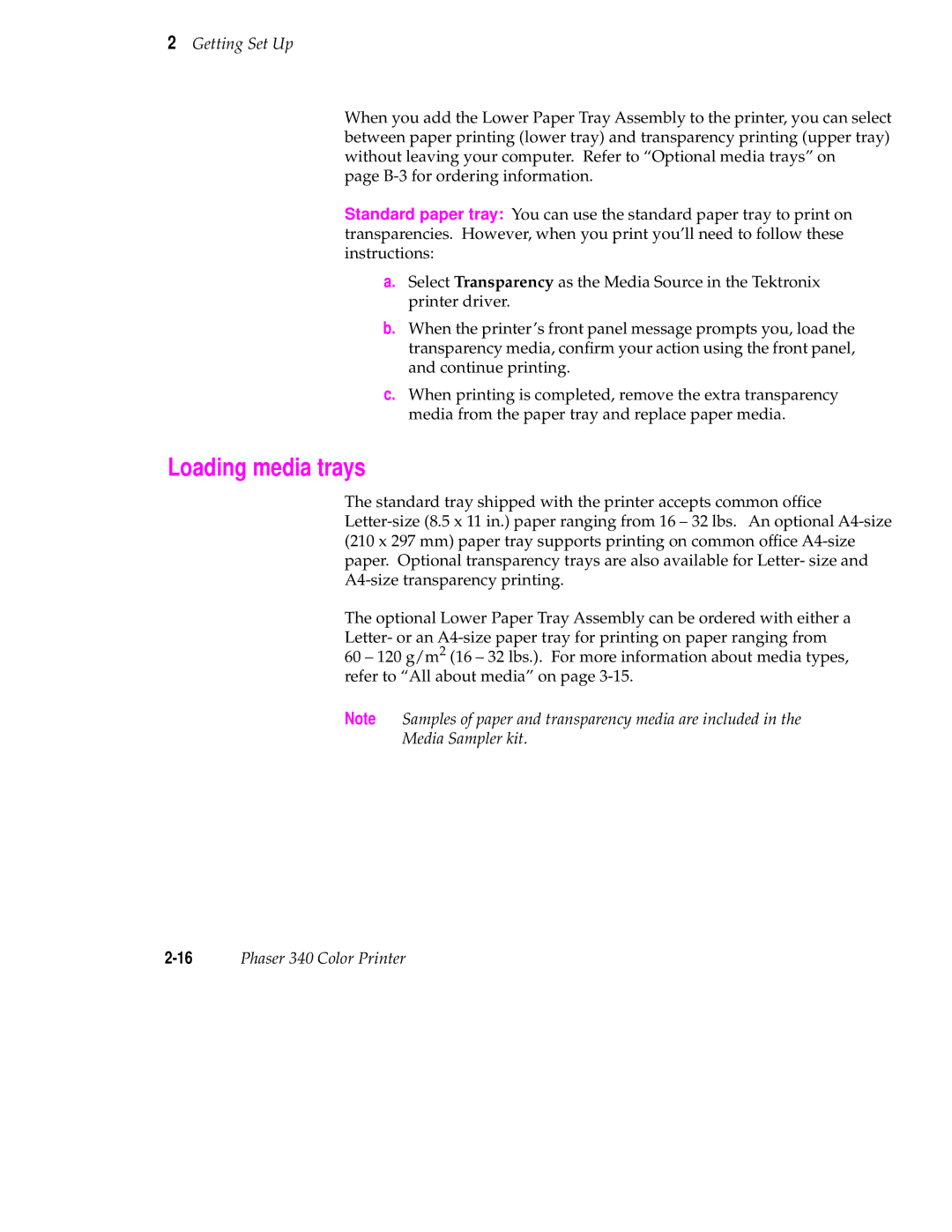 Tektronix manual Loading media trays, Media Sampler kit 16Phaser 340 Color Printer 