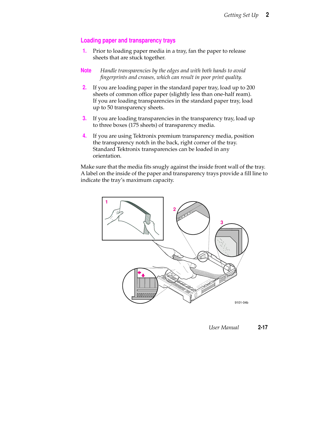 Tektronix 340 manual Loading paper and transparency trays 