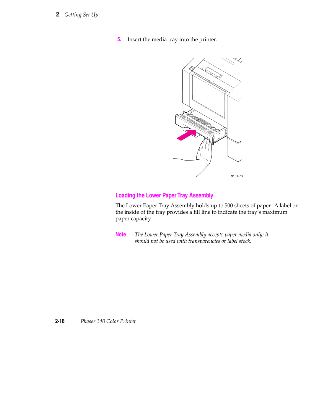 Tektronix manual Loading the Lower Paper Tray Assembly, 18Phaser 340 Color Printer 