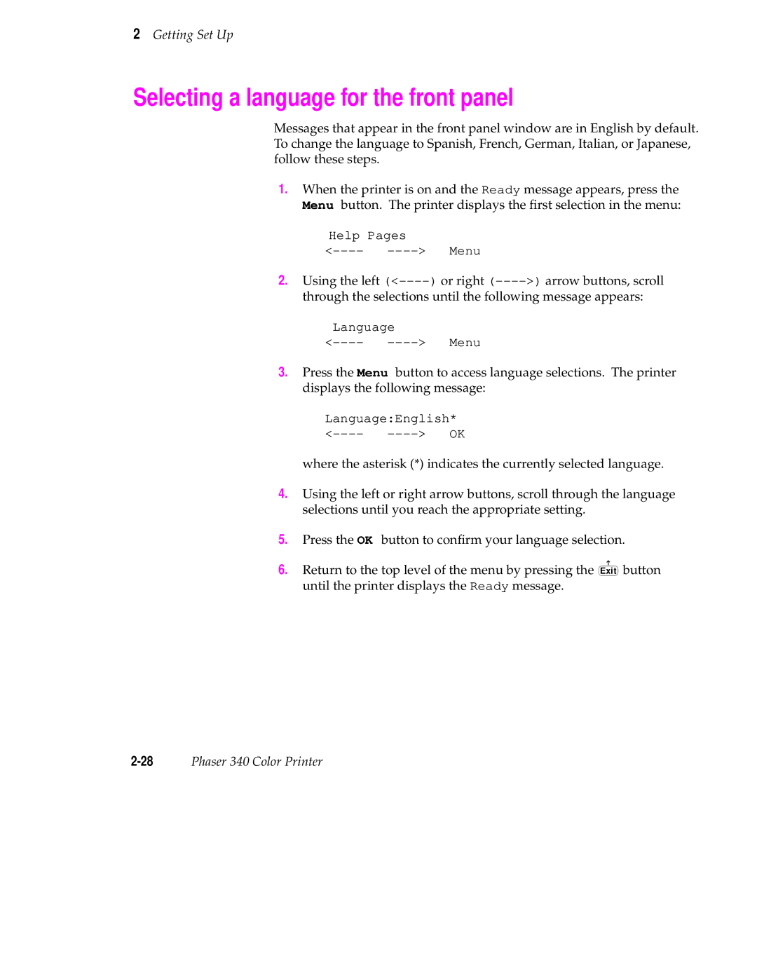 Tektronix manual Selecting a language for the front panel, 28Phaser 340 Color Printer 