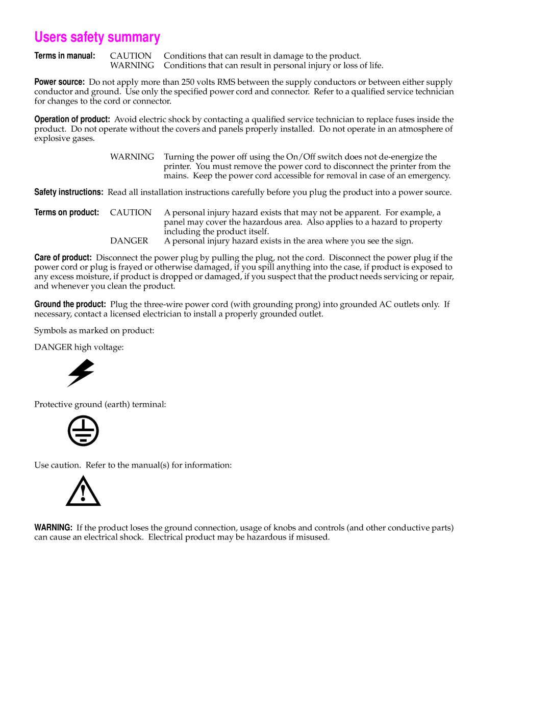 Tektronix 340 Users safety summary, Terms in manual Caution 