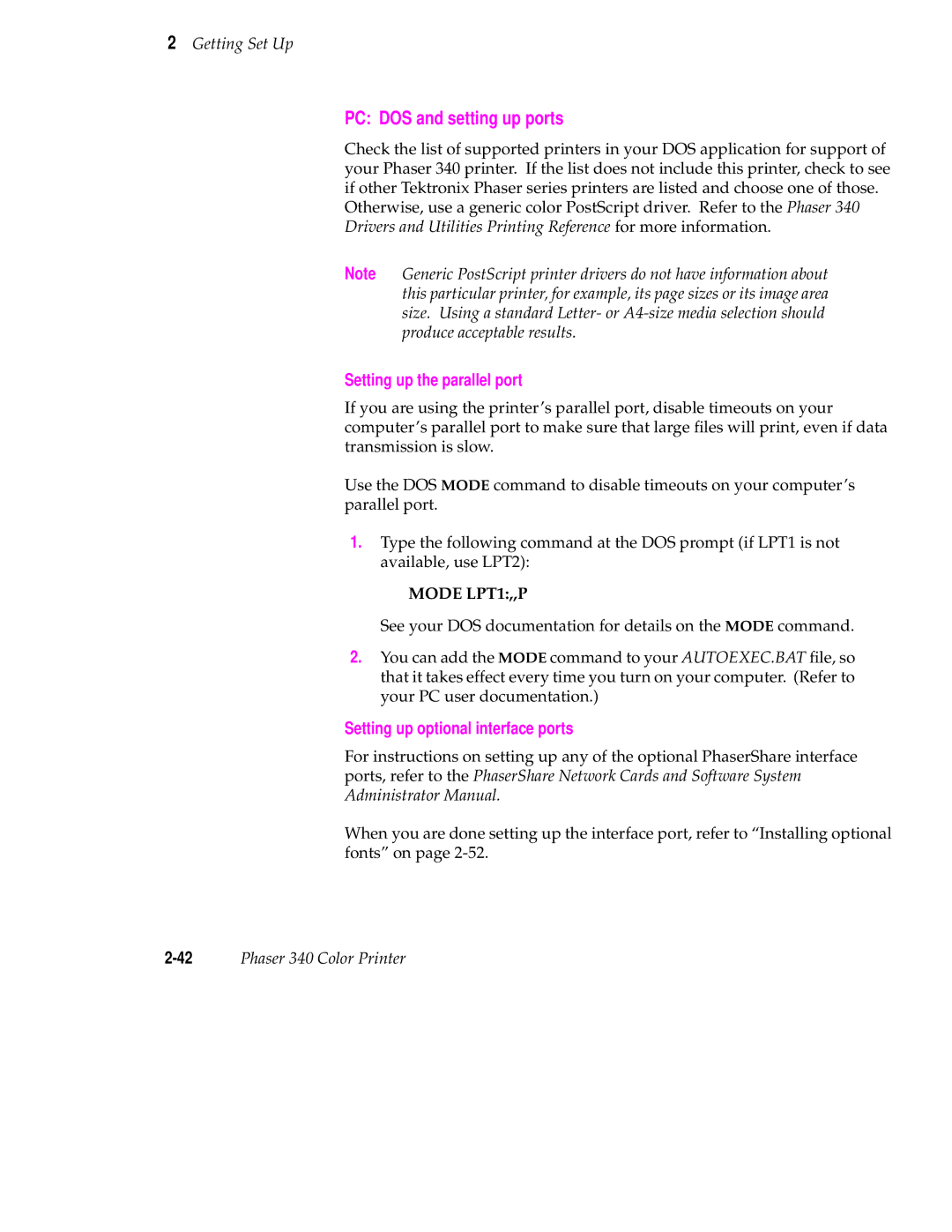 Tektronix manual PC DOS and setting up ports, 42Phaser 340 Color Printer 