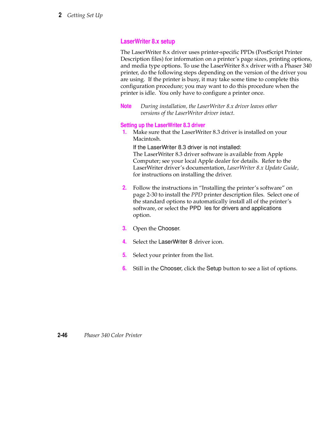 Tektronix manual LaserWriter 8.x setup, 46Phaser 340 Color Printer 