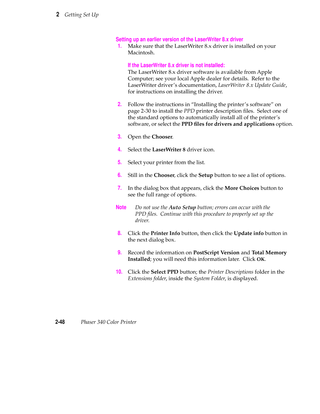 Tektronix manual If the LaserWriter 8.x driver is not installed, 48Phaser 340 Color Printer 