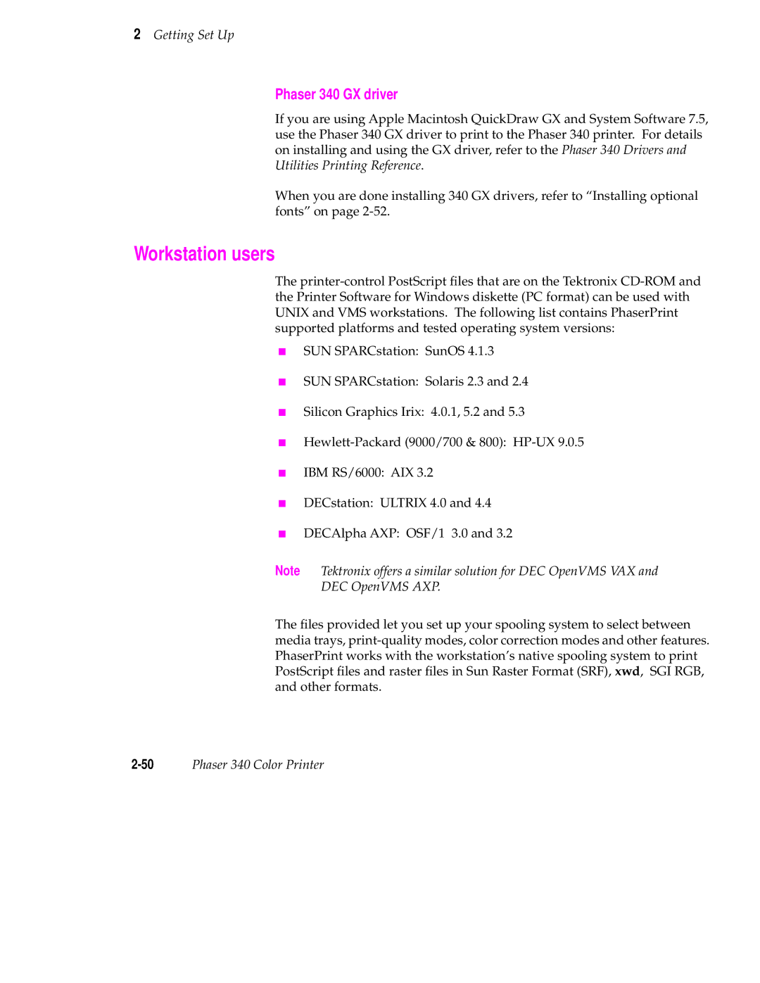 Tektronix manual Workstation users, Phaser 340 GX driver, DEC OpenVMS AXP, 50Phaser 340 Color Printer 