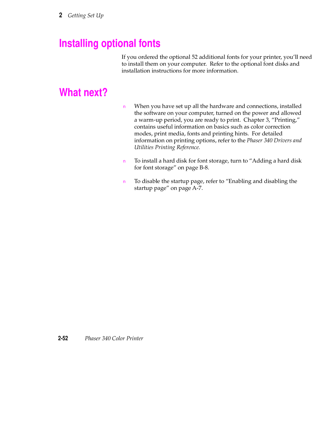 Tektronix manual Installing optional fonts, What next?, 52Phaser 340 Color Printer 