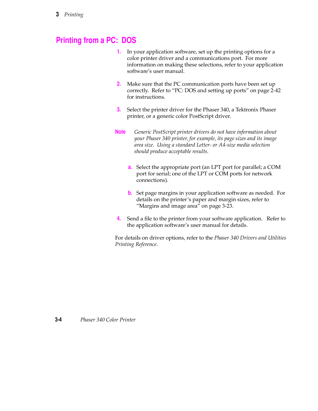 Tektronix 340 manual Printing from a PC DOS, Printing Reference 