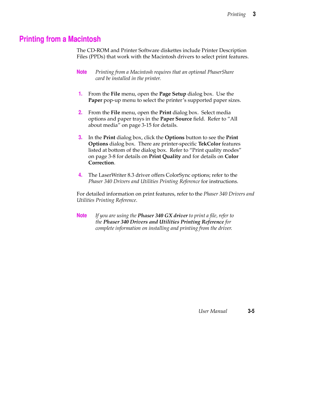 Tektronix 340 manual Printing from a Macintosh 