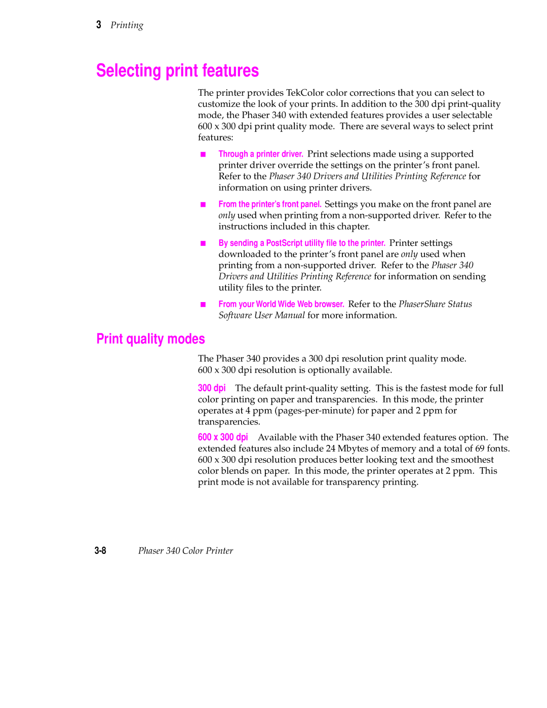 Tektronix 340 manual Selecting print features, Print quality modes 